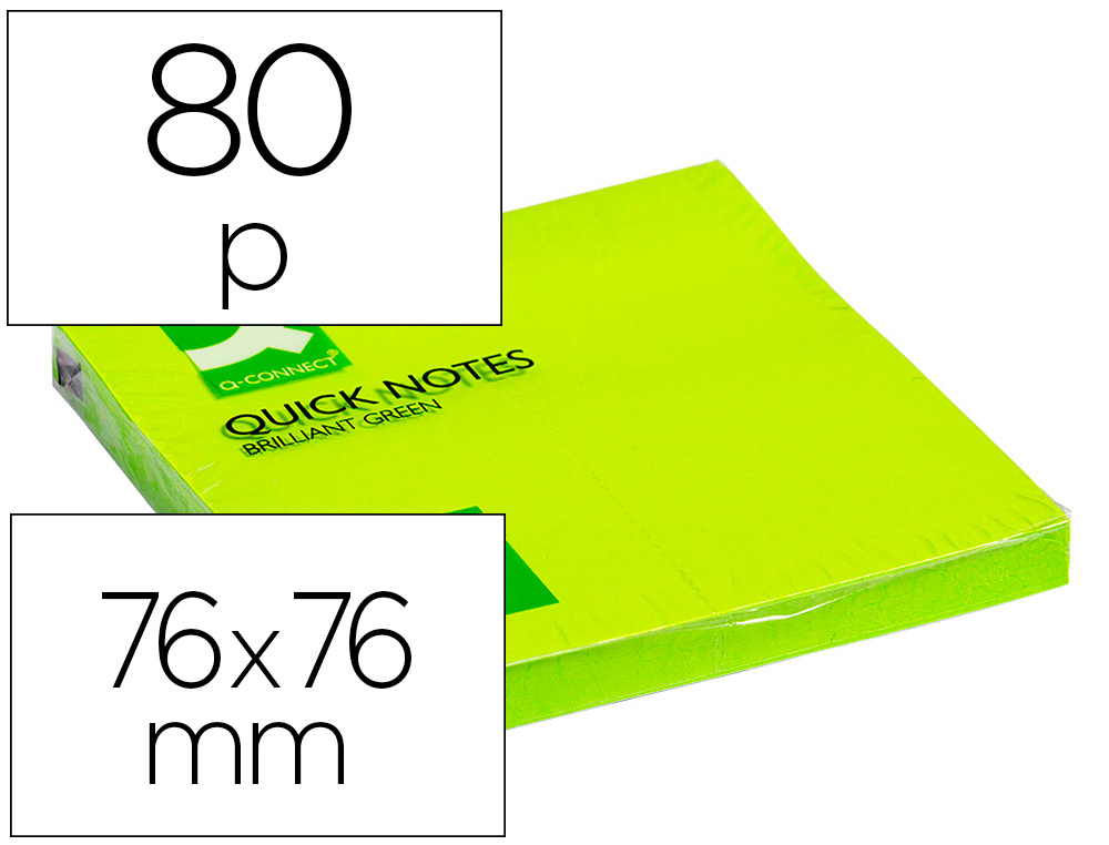 BLOC-NOTES Q-CONNECT QUICK NOTES COULEURS NON 76X76MM 80F REPOSITIONNABLES COLORIS VERT VIF