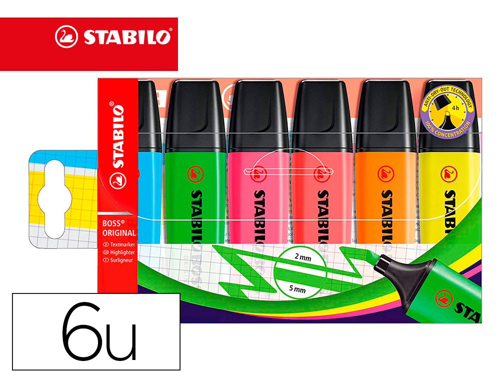 SURLIGNEUR STABILO BOSS TRAC 2/5MM POINTE BISEAUTE ENCRE UNIVERSELLE BASE EAU RSISTANTE LUMIRE POCHETTE 6 UNITS